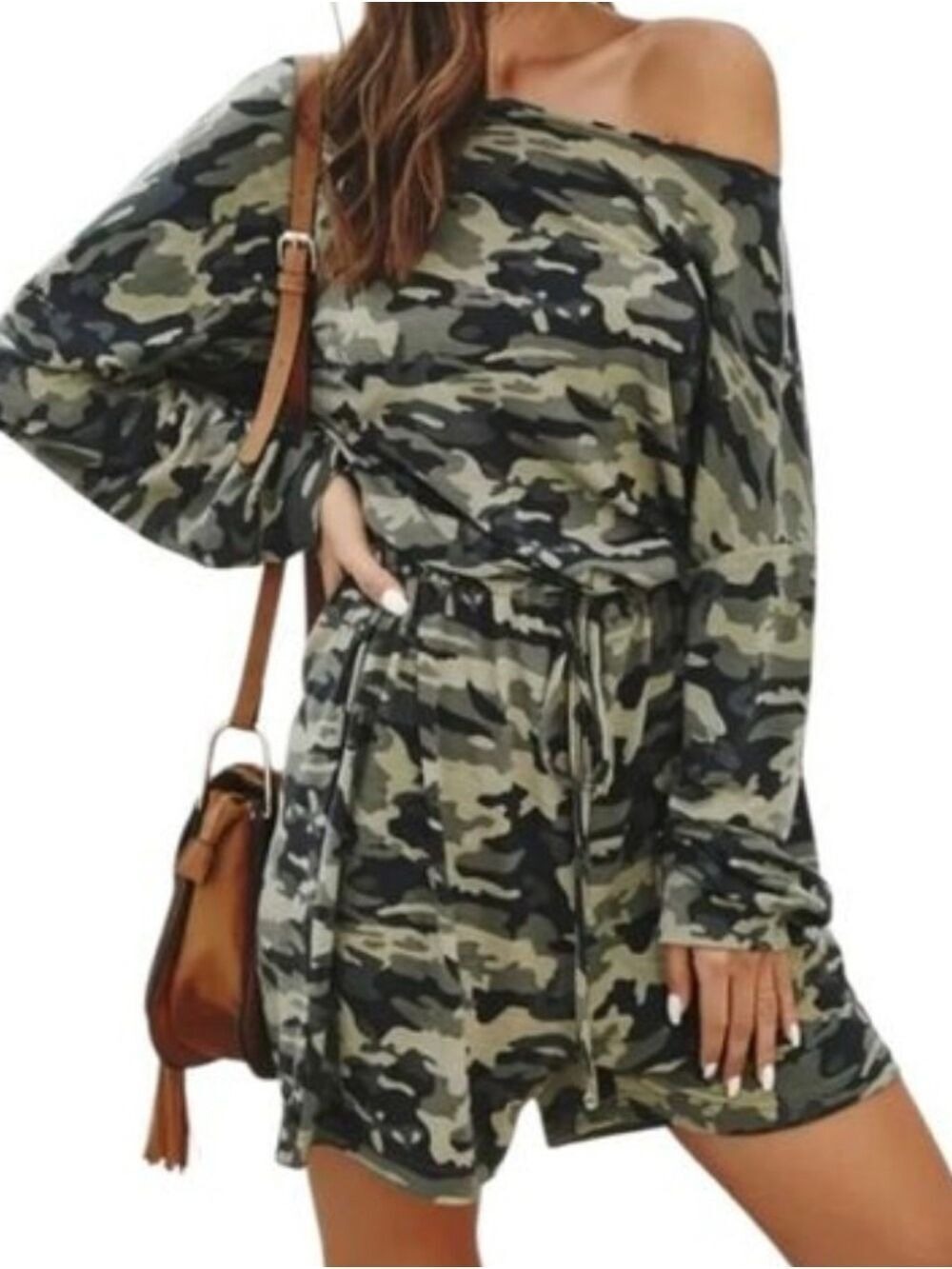 C+D+M Collection Camo Print Off Shoulder Drawstring Romper Playsuit Size SM NWT